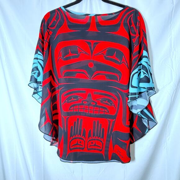 Jason Peters Indigenous Longhouse Print Blouse Open Split Sleeves One Size S–XL - Picture 3 of 6